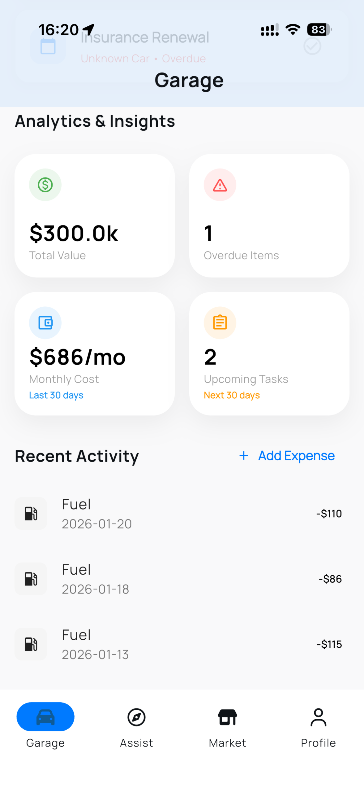 Koly - Vehicle management app - virtual garage - overview
