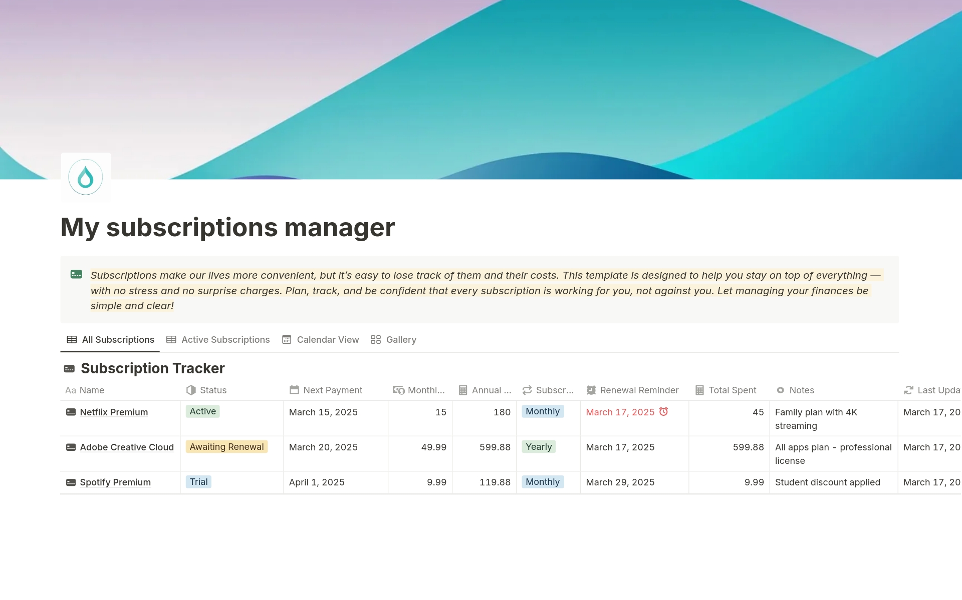 Subscription Tracker — Subscriptions Under Control